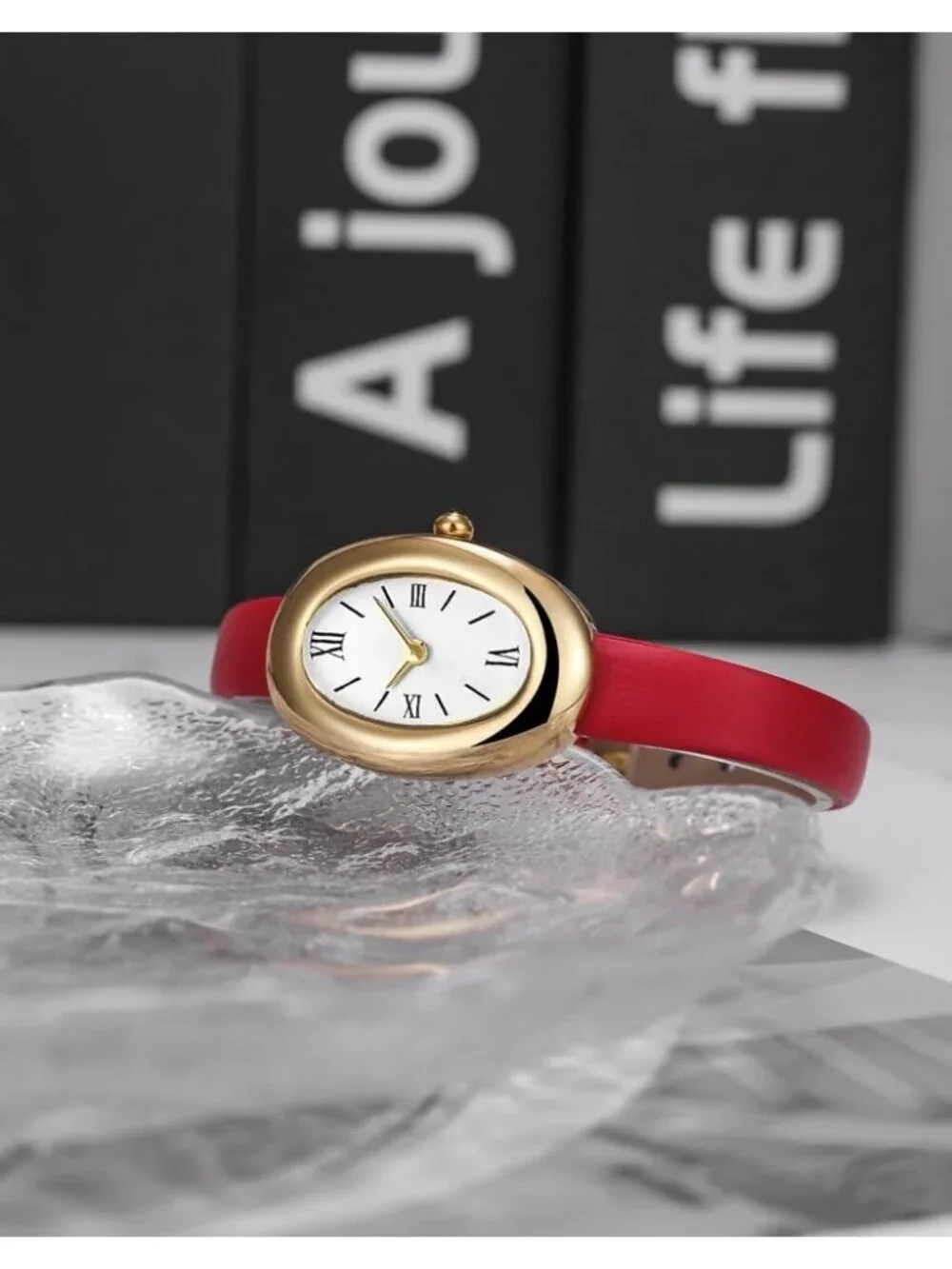 Women's Red And Gold Analog Quartz Elegant Dial Bangle Vintage Bracelet Watch